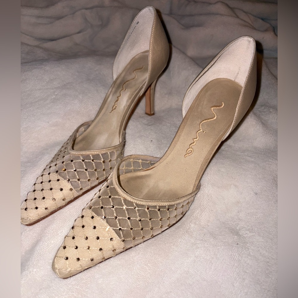 Nina Women's Cream Mesh Crystal Heels